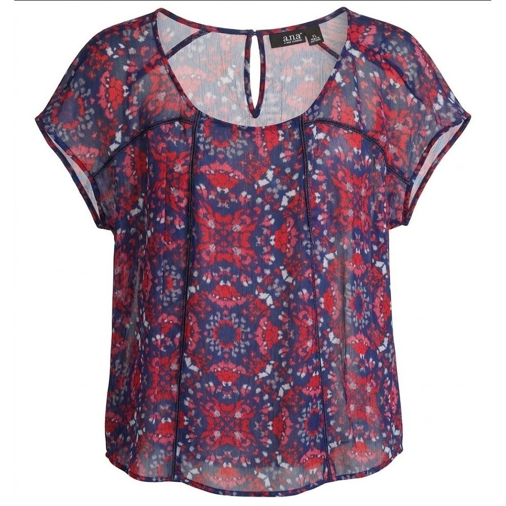 a.n.a Blouse Womens L‎ Sheer Floral Short Sleeve Scoop Neck Keyhole Back Blue